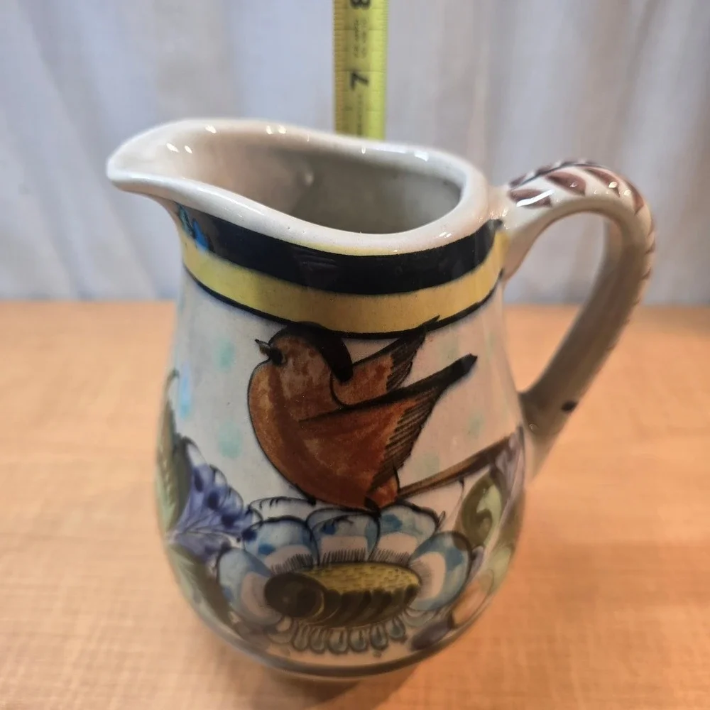 Vintage Tonala Mexican Pottery Pitcher Floral Birds Hand-Painted 6.5